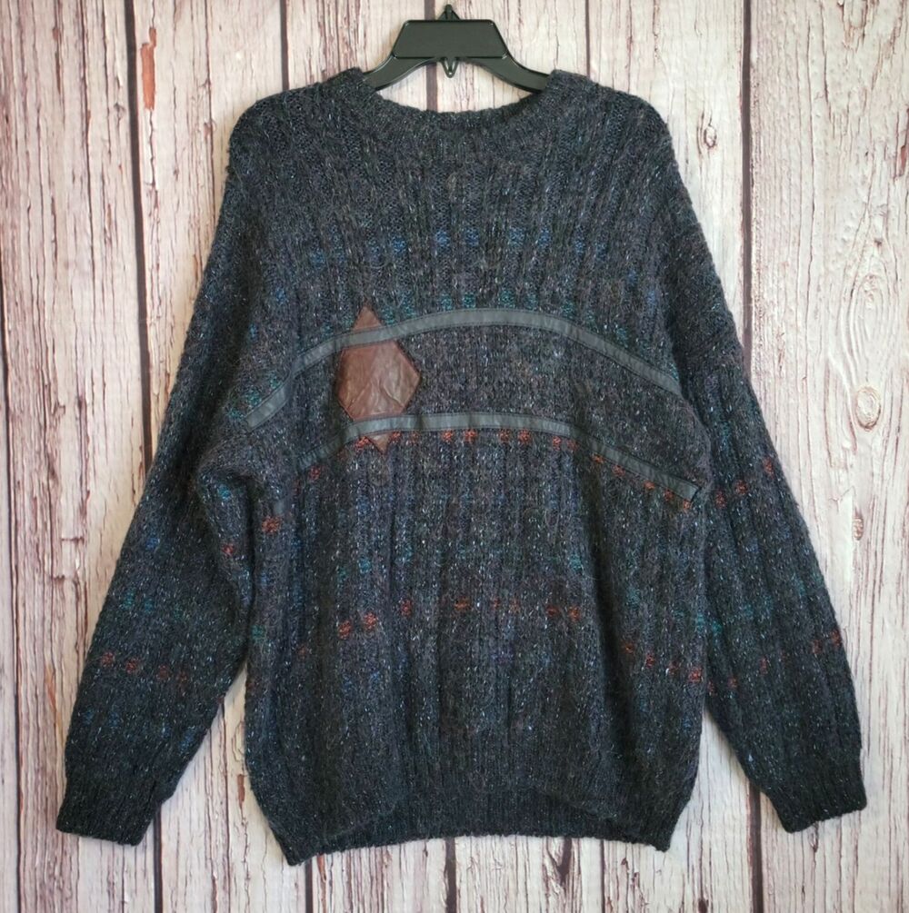 VTG Fuzzy Sweater UK St Michael Large 80s Leather Wool Blend Men Marks & Spencer